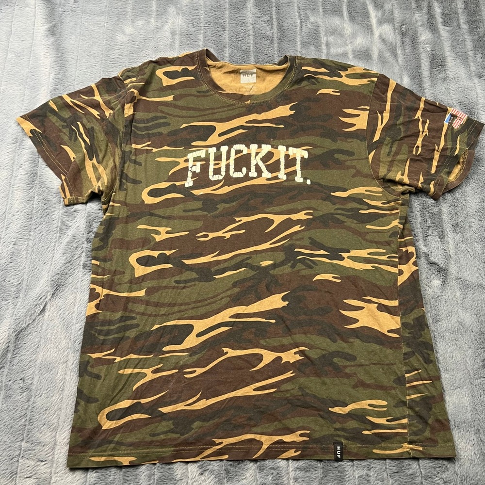 HUF Mens Camo Tiger Stripe Graphic T-Shirt Large Green Brown Streetwear